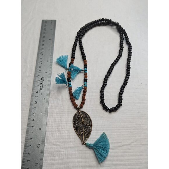 Vintage 1960s Turquoise Tassel Beaded Boho Necklace Feather Pendant - Picture 4 of 4
